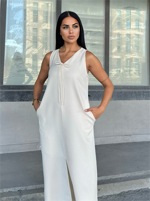 V Yaka Spagetti İp Detaylı Yırtmaçlı Uzun Elbise 50324