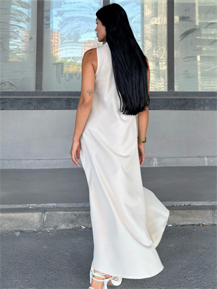 V Yaka Spagetti İp Detaylı Yırtmaçlı Uzun Elbise 50324