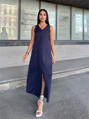 V Yaka Spagetti İp Detaylı Yırtmaçlı Uzun Elbise 50324