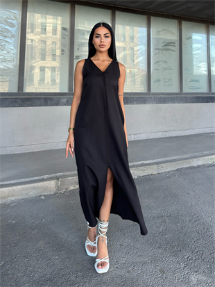 V Yaka Spagetti İp Detaylı Yırtmaçlı Uzun Elbise 50324