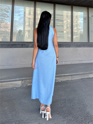 V Yaka Spagetti İp Detaylı Yırtmaçlı Uzun Elbise 50324