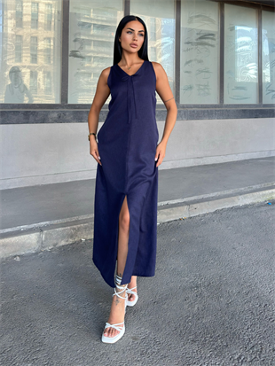 V Yaka Spagetti İp Detaylı Yırtmaçlı Uzun Elbise 50324