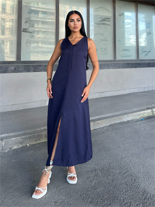 V Yaka Spagetti İp Detaylı Yırtmaçlı Uzun Elbise 50324