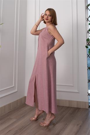 V Yaka Spagetti İp Detaylı Yırtmaçlı Uzun Elbise 50324