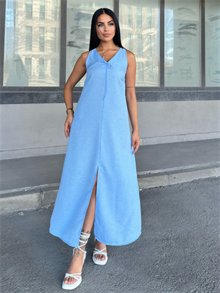 V Yaka Spagetti İp Detaylı Yırtmaçlı Uzun Elbise 50324