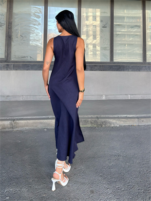 V Yaka Spagetti İp Detaylı Yırtmaçlı Uzun Elbise 50324