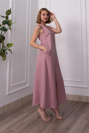 V Yaka Spagetti İp Detaylı Yırtmaçlı Uzun Elbise 50324