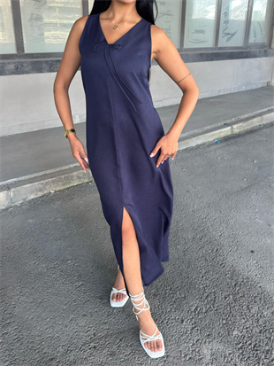 V Yaka Spagetti İp Detaylı Yırtmaçlı Uzun Elbise 50324