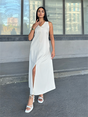 V Yaka Spagetti İp Detaylı Yırtmaçlı Uzun Elbise 50324