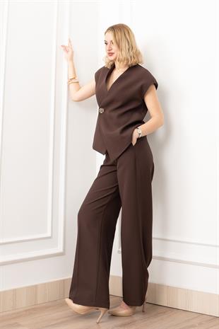 Verev Kesim Kruvaze Kapama Deteylı Yelek Pantolon Takım 1284