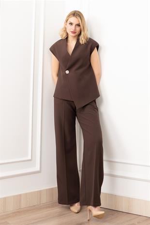 Verev Kesim Kruvaze Kapama Deteylı Yelek Pantolon Takım 1284