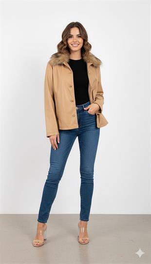 Yakası Takma Kürk Detaylı Deri Ceket 8587