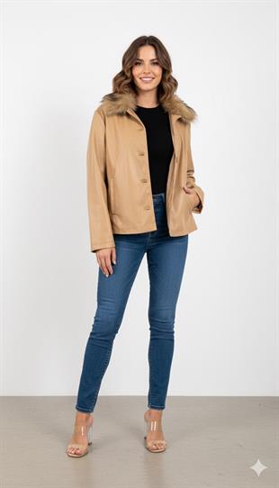 Yakası Takma Kürk Detaylı Deri Ceket 8587