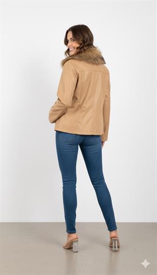 Yakası Takma Kürk Detaylı Deri Ceket 8587