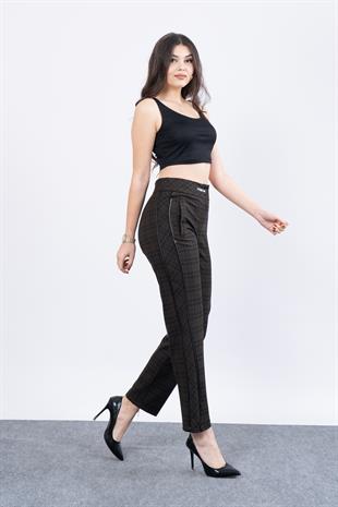 Yan Deri Şerit Detaylı Havuç Paça Ekose Desenli Pantolon 30187