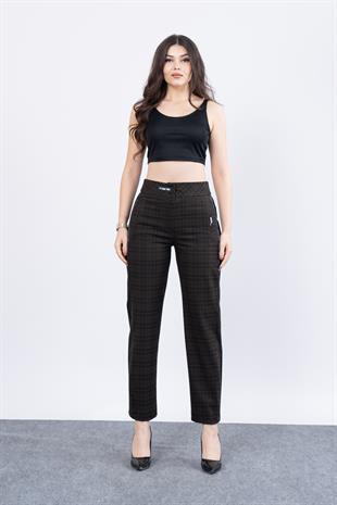 Yan Deri Şerit Detaylı Havuç Paça Ekose Desenli Pantolon 30187