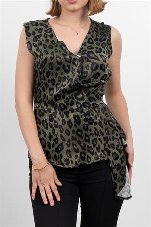 Yan Kuşak Dataylı V Yaka Kolsuz Bluz 70028