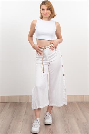 Yan Yarım Yırtmaçlı Süs Düğmeli Hasır Kemerli Keten Midi Boy Pantolon 30274