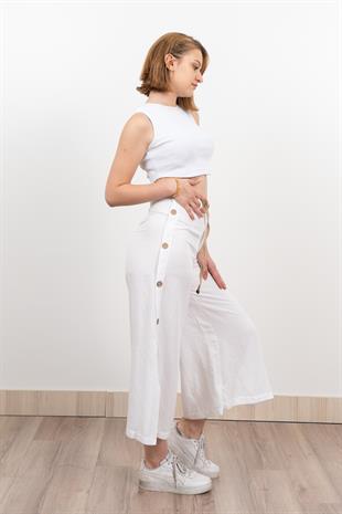 Yan Yarım Yırtmaçlı Süs Düğmeli Hasır Kemerli Keten Midi Boy Pantolon 30274