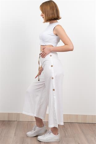 Yan Yarım Yırtmaçlı Süs Düğmeli Hasır Kemerli Keten Midi Boy Pantolon 30274