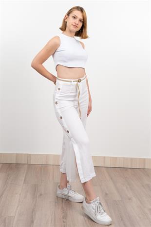Yan Yarım Yırtmaçlı Süs Düğmeli Hasır Kemerli Keten Midi Boy Pantolon 30274