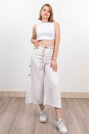 Yan Yarım Yırtmaçlı Süs Düğmeli Hasır Kemerli Keten Midi Boy Pantolon 30274