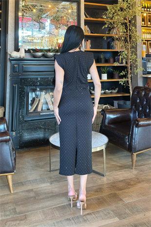 Yandan Dropeli Kolsuz Taşlı Elbise 50336