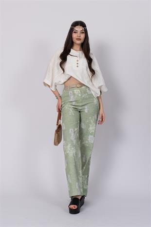 Yırtık Görünüm Baskılı Renkli Ve Kemerli Cepli Pantolon 30248