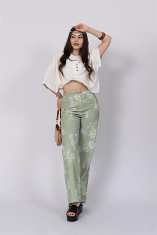 Yırtık Görünüm Baskılı Renkli Ve Kemerli Cepli Pantolon 30248