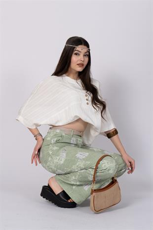 Yırtık Görünüm Baskılı Renkli Ve Kemerli Cepli Pantolon 30248