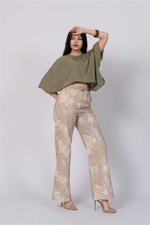 Yırtık Görünüm Baskılı Renkli Ve Kemerli Cepli Pantolon 30248