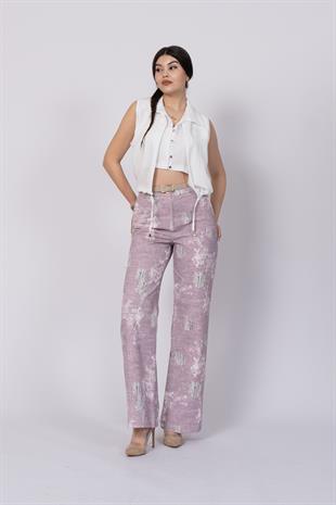 Yırtık Görünüm Baskılı Renkli Ve Kemerli Cepli Pantolon 30248