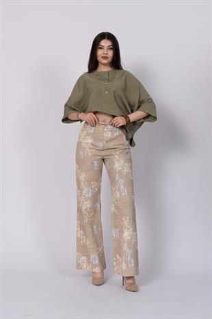 Yırtık Görünüm Baskılı Renkli Ve Kemerli Cepli Pantolon 30248