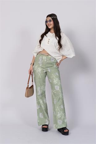 Yırtık Görünüm Baskılı Renkli Ve Kemerli Cepli Pantolon 30248