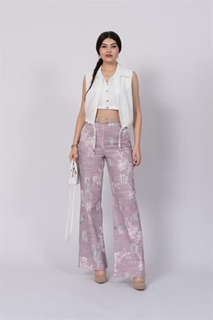 Yırtık Görünüm Baskılı Renkli Ve Kemerli Cepli Pantolon 30248