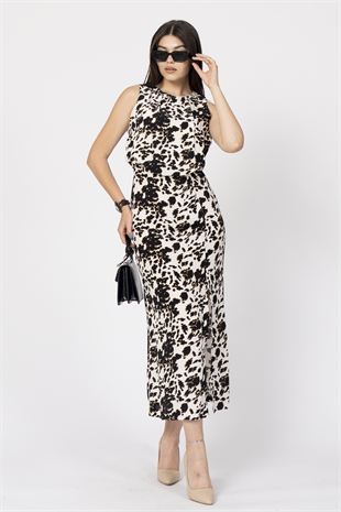 Yuvarlak Yaka Beli Kendinden Kat Detaylı Önden Yırtmaçlı Yazlık Elbise 50312