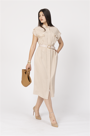 Zarafetin Gücü Hakim Yaka Kemerli ve Full Düğmeli Uzun Elbise 50311