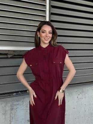 Zarafetin Gücü Hakim Yaka Kemerli ve Full Düğmeli Uzun Elbise 50311