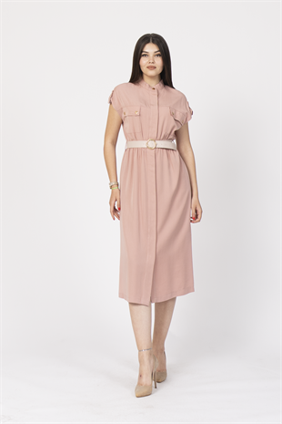 Zarafetin Gücü Hakim Yaka Kemerli ve Full Düğmeli Uzun Elbise 50311