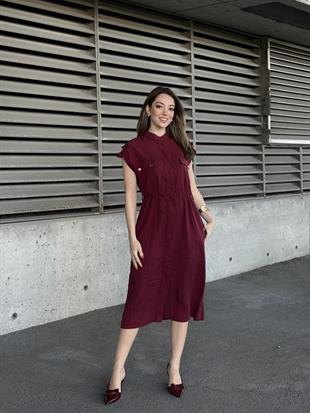 Zarafetin Gücü Hakim Yaka Kemerli ve Full Düğmeli Uzun Elbise 50311