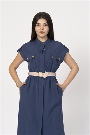 Zarafetin Gücü Hakim Yaka Kemerli ve Full Düğmeli Uzun Elbise 50311