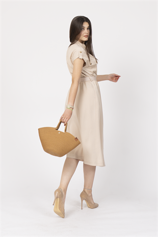 Zarafetin Gücü Hakim Yaka Kemerli ve Full Düğmeli Uzun Elbise 50311