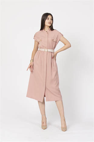 Zarafetin Gücü Hakim Yaka Kemerli ve Full Düğmeli Uzun Elbise 50311