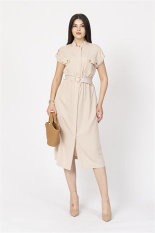 Zarafetin Gücü Hakim Yaka Kemerli ve Full Düğmeli Uzun Elbise 50311