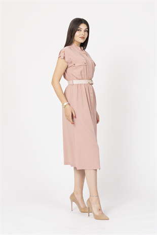 Zarafetin Gücü Hakim Yaka Kemerli ve Full Düğmeli Uzun Elbise 50311