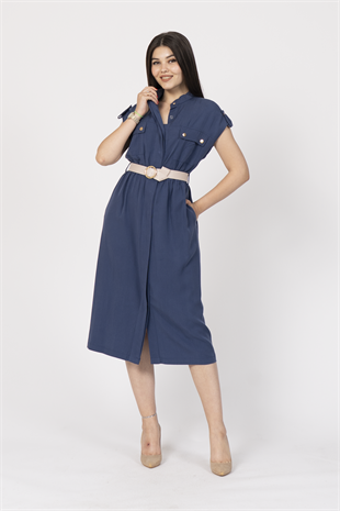 Zarafetin Gücü Hakim Yaka Kemerli ve Full Düğmeli Uzun Elbise 50311