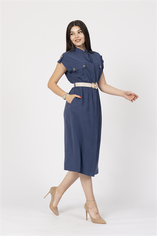 Zarafetin Gücü Hakim Yaka Kemerli ve Full Düğmeli Uzun Elbise 50311