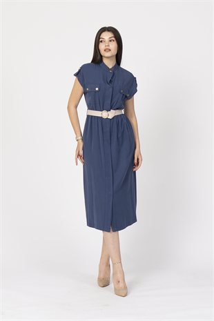 Zarafetin Gücü Hakim Yaka Kemerli ve Full Düğmeli Uzun Elbise 50311