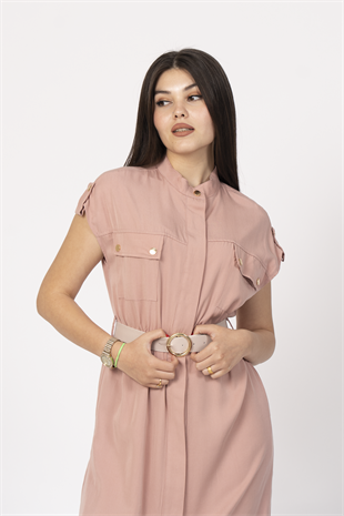 Zarafetin Gücü Hakim Yaka Kemerli ve Full Düğmeli Uzun Elbise 50311