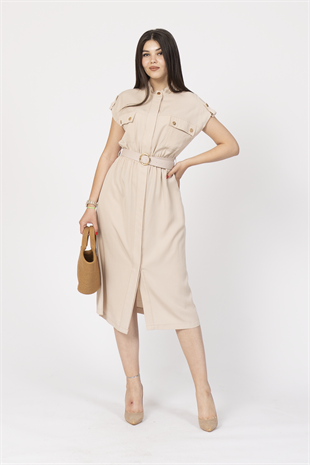 Zarafetin Gücü Hakim Yaka Kemerli ve Full Düğmeli Uzun Elbise 50311